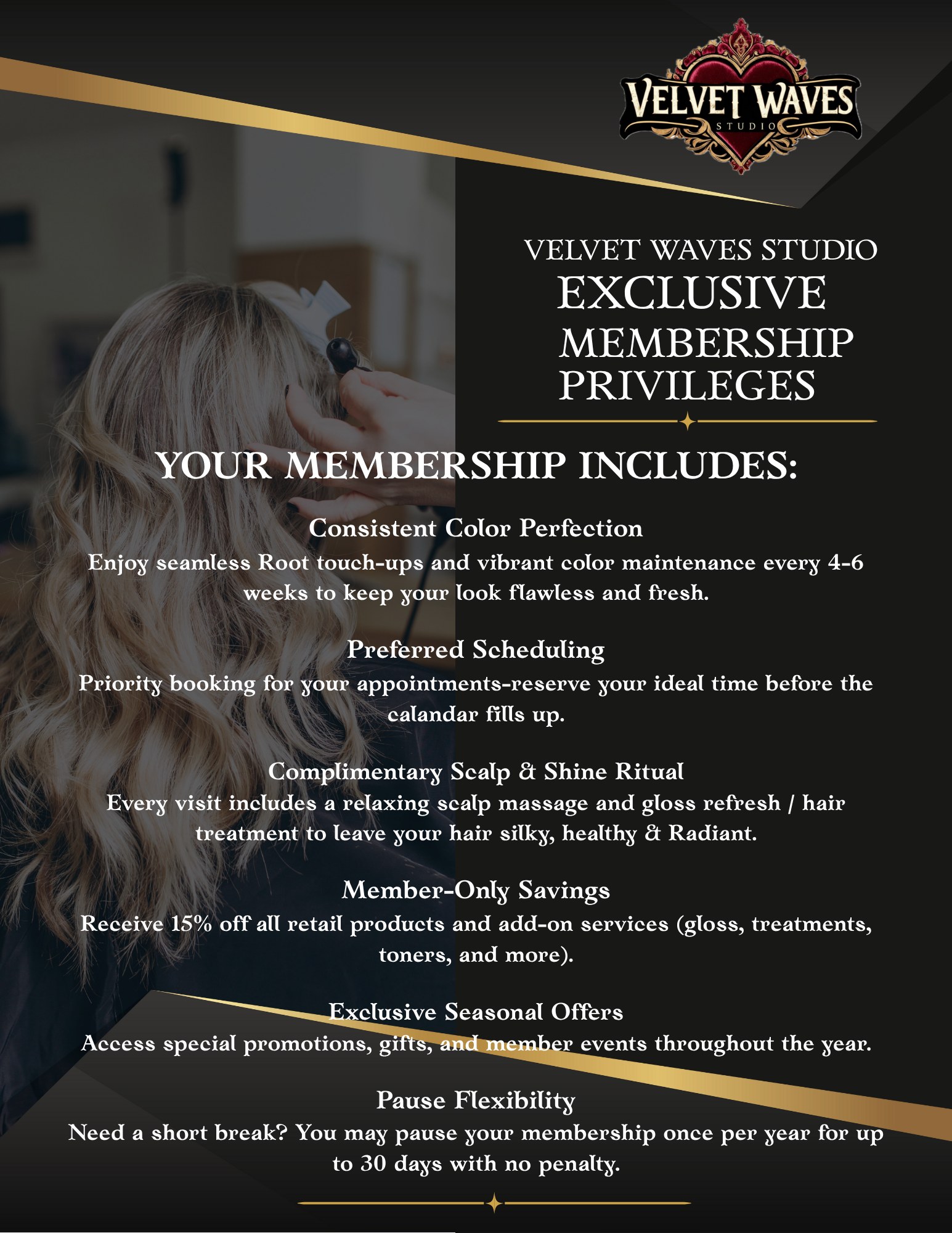 Velvet Waves Studio Exclusive Membership Privileges